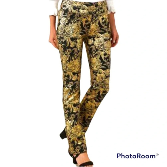 NWT Surroundings Moonstruck Black Metallic Gold Floral Pants size 6 full length - Picture 1 of 10